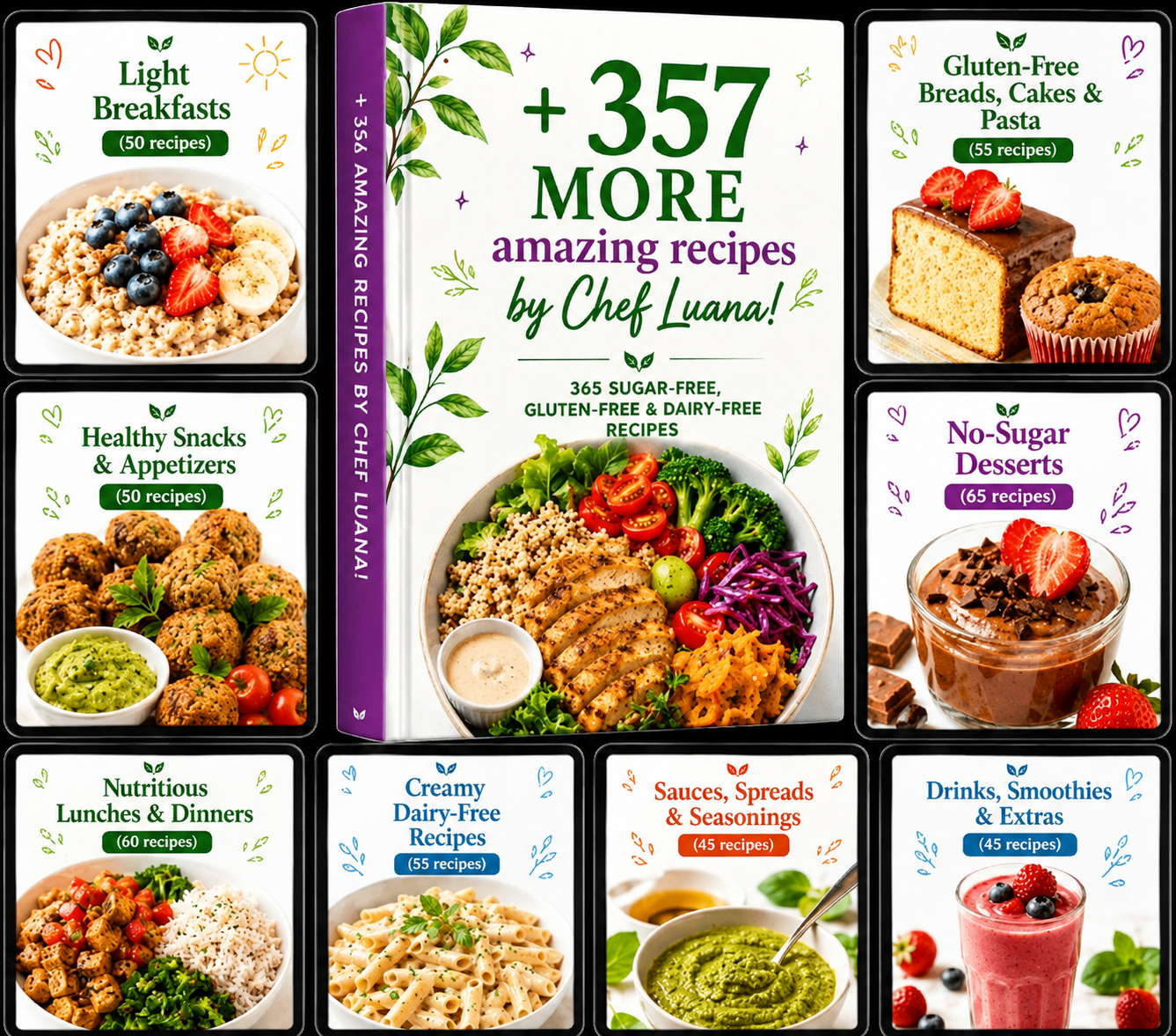Mosaic with a preview of Chef Luana's 357 extra recipes